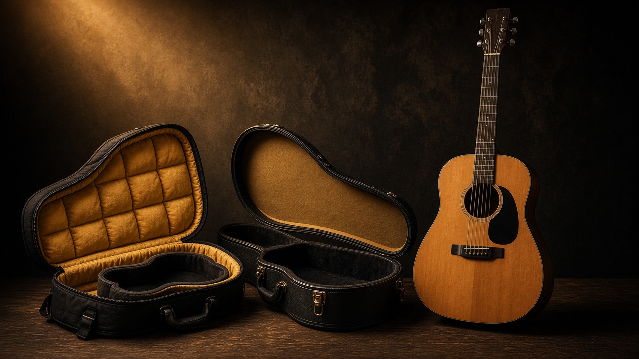 Illustration: a used guitar in its case ready for inspection - AI-generated artwork, not a photo of a specific product