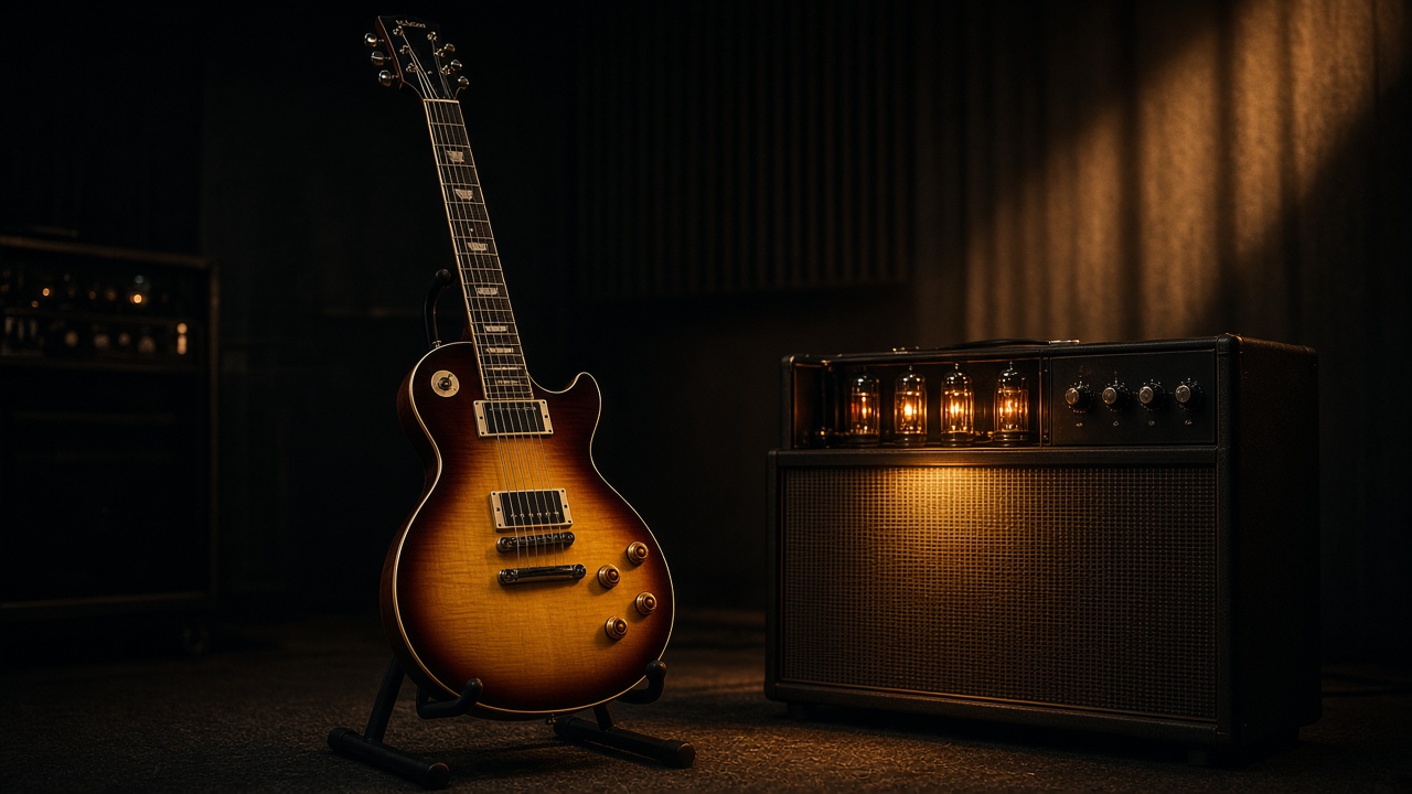 Illustration: an electric guitar under stage lights - AI-generated artwork, not a photo of a specific product