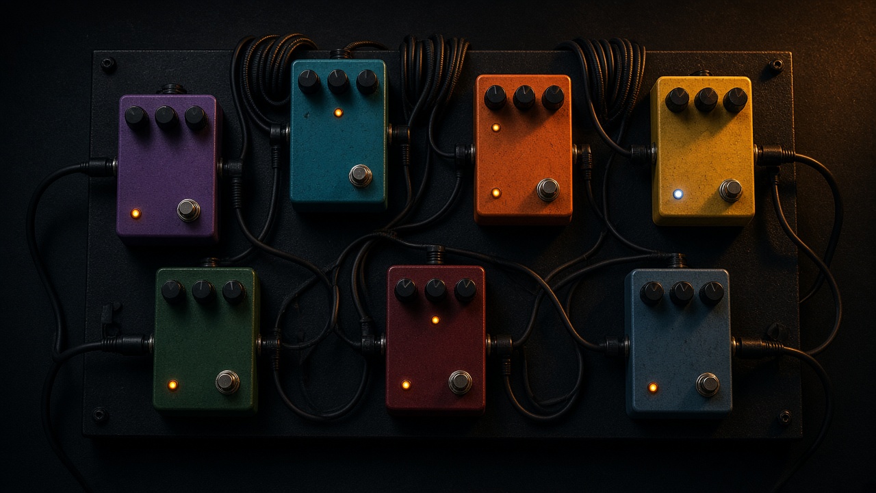 Illustration: guitar effects pedals on a board - AI-generated artwork, not a photo of a specific product