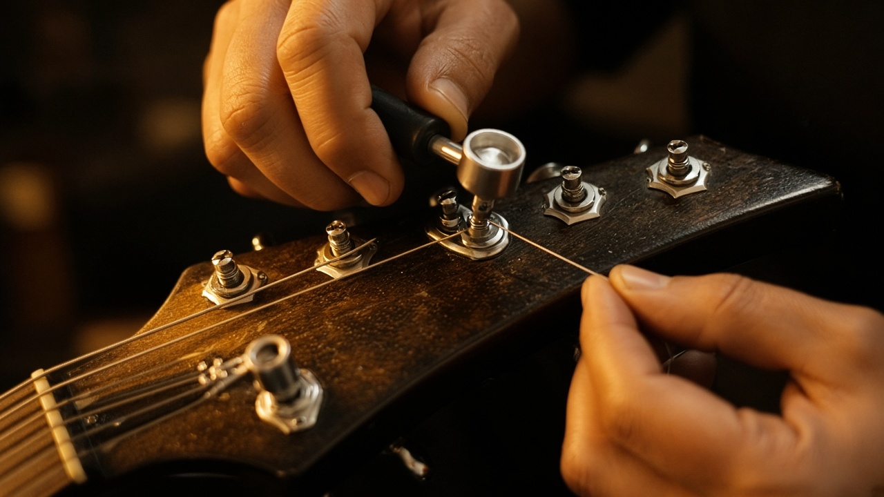 Illustration: a first guitar setup with strings and accessories - AI-generated artwork, not a photo of a specific product