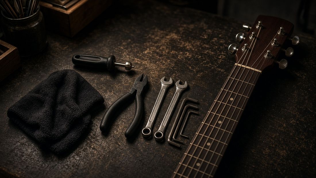 Illustration: guitar accessories and tools laid out - AI-generated artwork, not a photo of a specific product